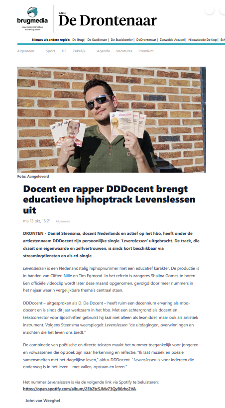 DeDrontenaarDDDocentkrantenartikelLevenslessen